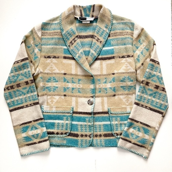 Rhonda Stark Wool Blend Lightweight Blanket Jacket Southwest Print Size S - Picture 1 of 7